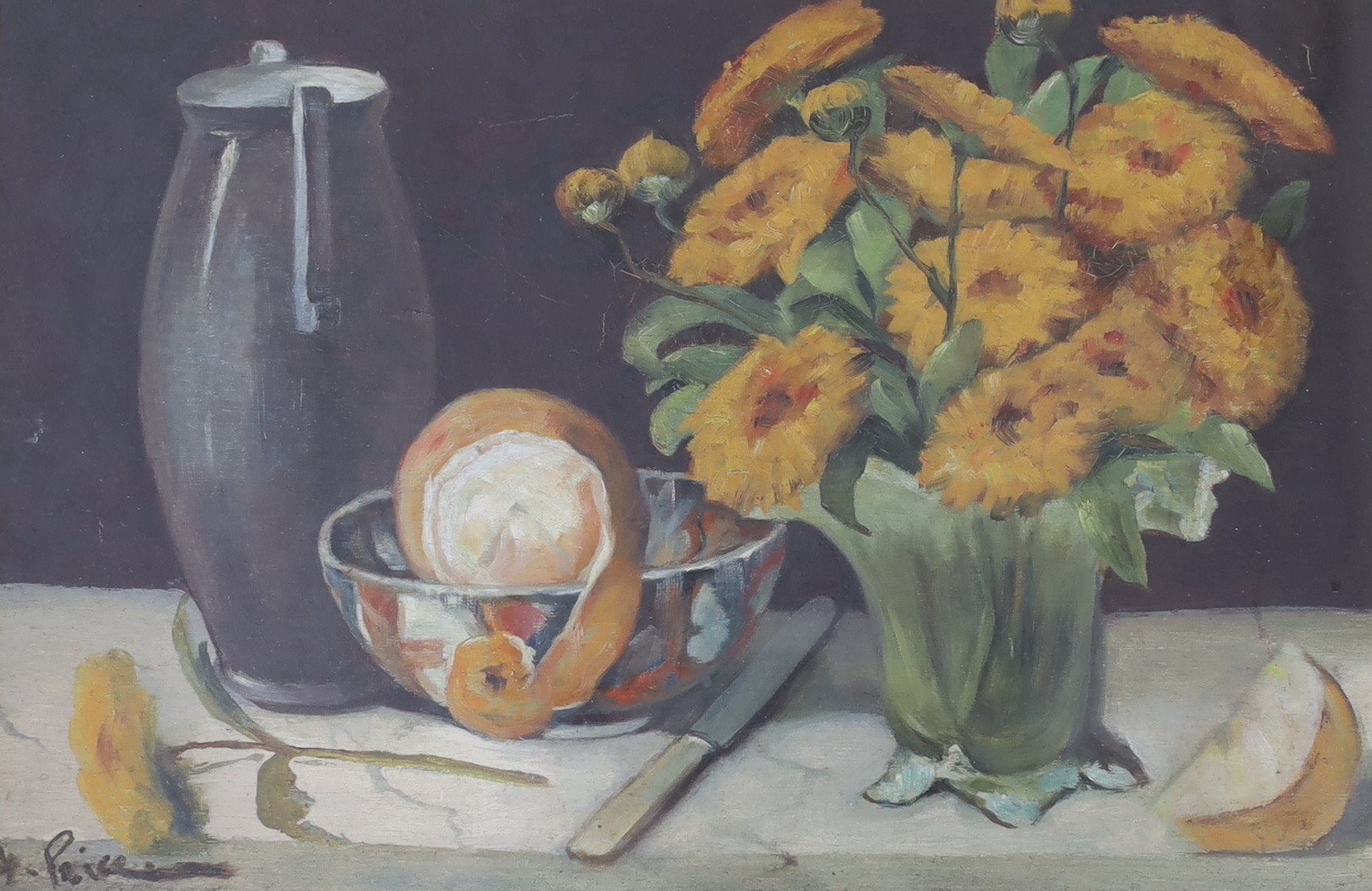 F. Price, oil on canvas, Table top still life, signed, 30 x 44cm and a monochrome drawing, Estuary scene, 26 x 45cm